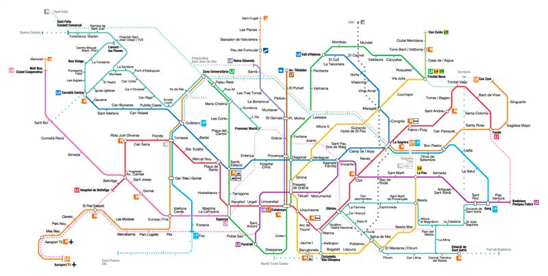 Mapa con todas las estaciones de Metro de Barcelona, el transporte público más utilizado de la capital catalana