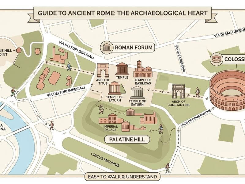 mapa de Roma con zonas Coliseo Foro Romano Monte Palatino